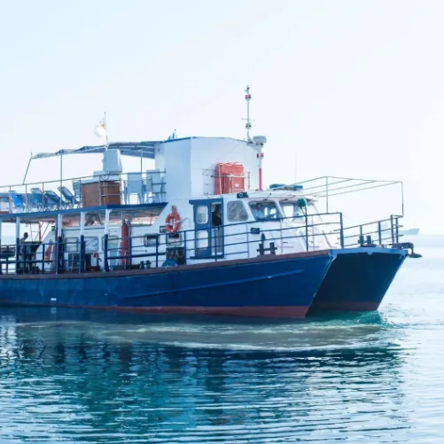 Grand bateau de plongée bleu et blanc flottant sur l'eau calme