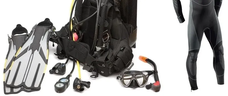 Equipement de plongée complet : palmes, gilet, détendeur, masque et combinaison