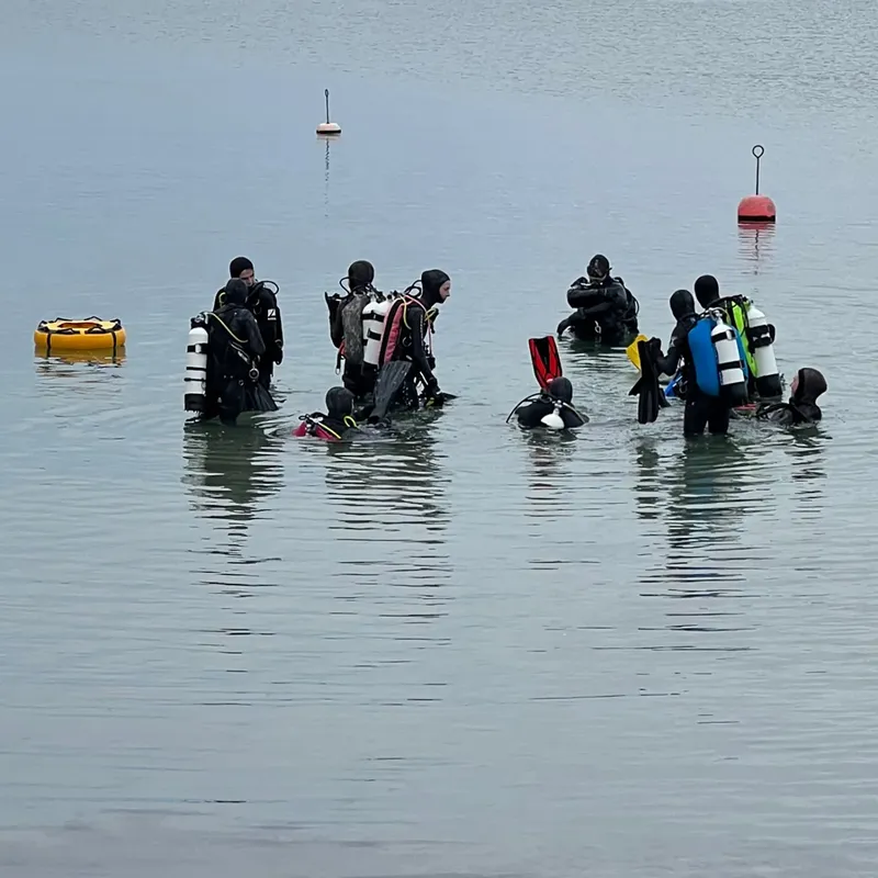 Groupe de plongeurs équipés dans l'eau, préparant une sortie