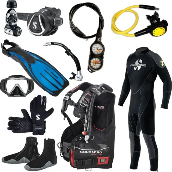Equipement complet de plongée : masque, palmes, combinaison, détendeur, gilet