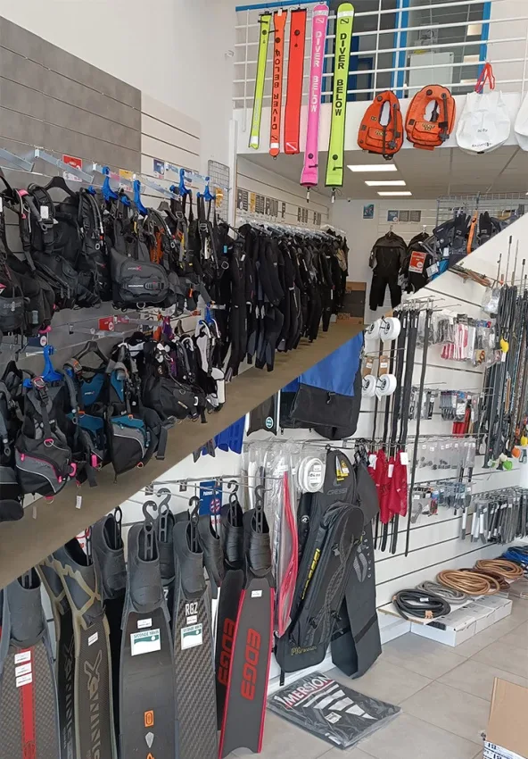 Rayons d'un magasin de plongée remplis de combinaisons, gilets et palmes