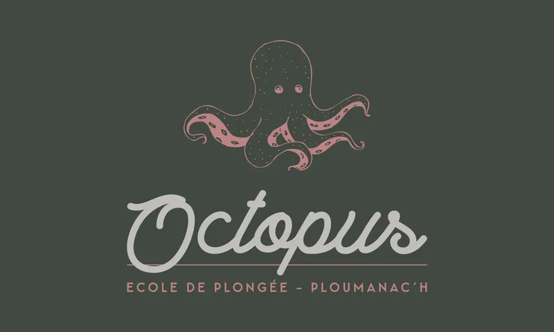Illustration d'une pieuvre rose sur fond gris avec texte calligraphique