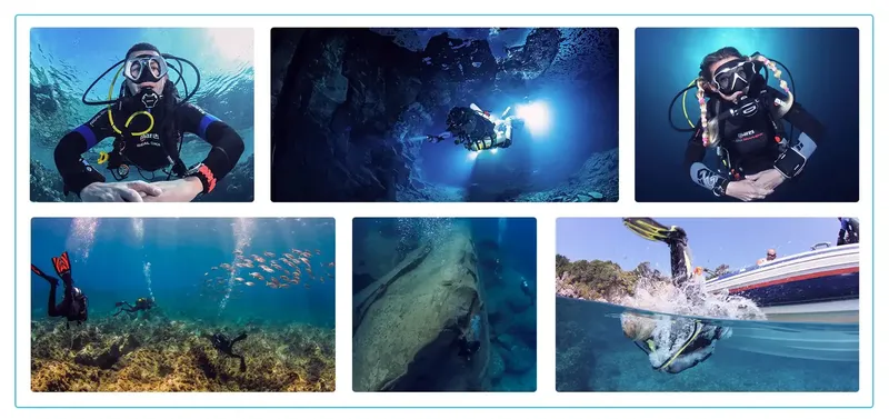 Plongeurs explorent des épaves et grottes sous-marines avec poissons