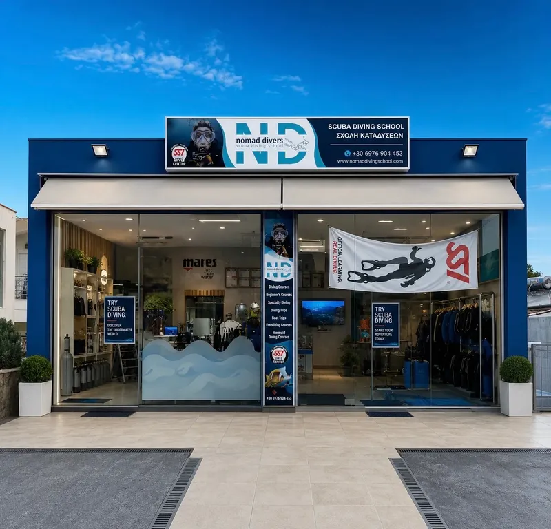 Façade d'une école de plongée avec des affiches et des logos