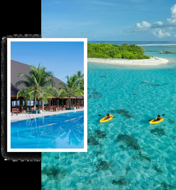 Piscine et plage tropicale avec des kayaks dans l'eau turquoise