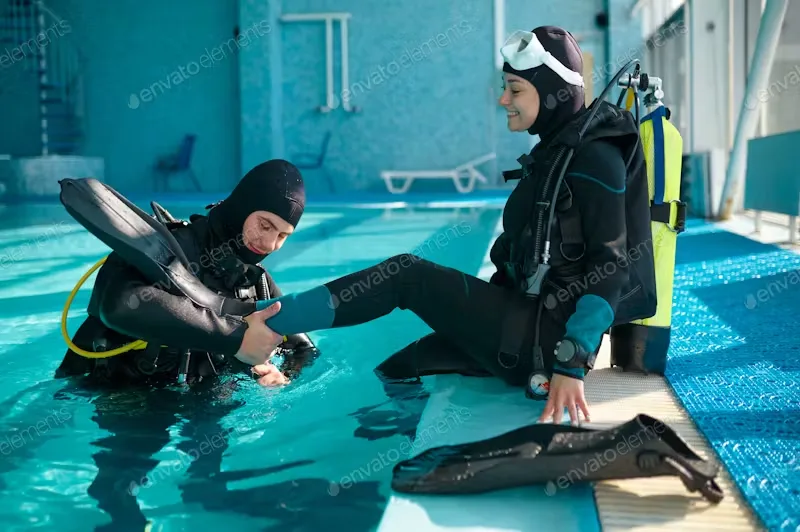 Deux plongeurs en combinaison s'aident mutuellement dans une piscine
