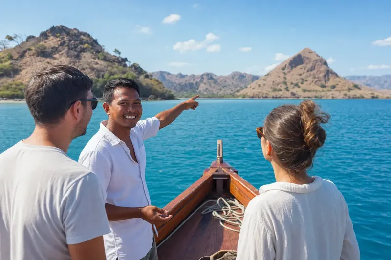Trois personnes sur un bateau en bois, paysage insulaire en arrière-plan