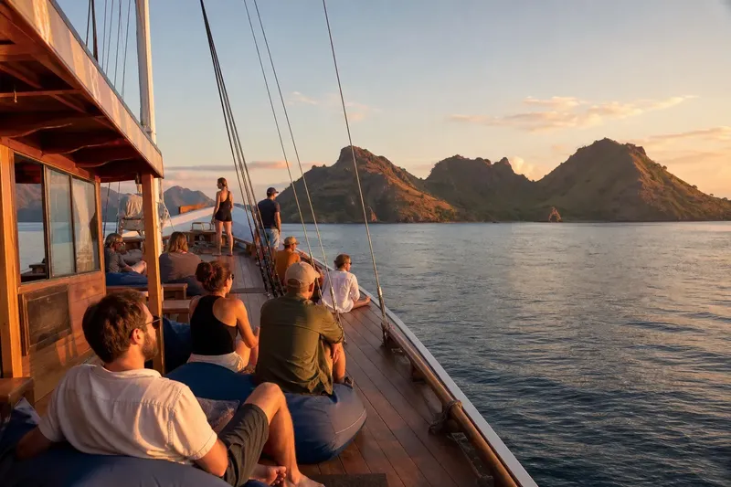 Groupe de personnes sur le pont d'un bateau en mer au coucher du soleil