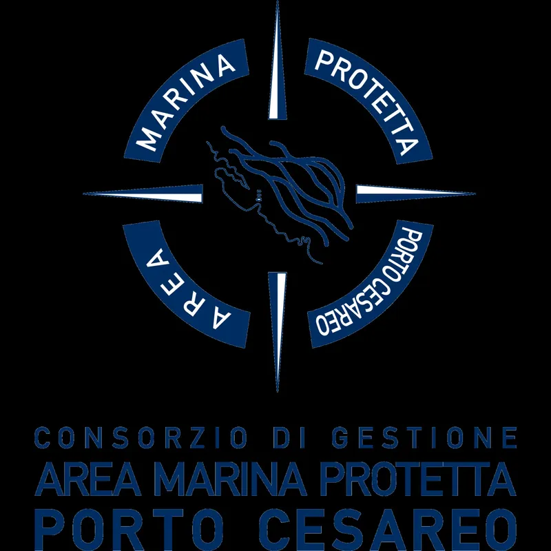 Logo bleu et blanc avec une silhouette de poisson et texte