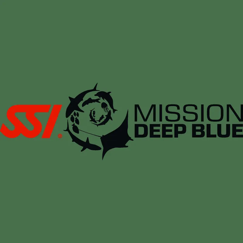 Logo SSI Mission Deep Blue avec un requin et des palmes