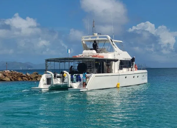 Catamaran blanc en mer avec des plongeurs préparant une sortie