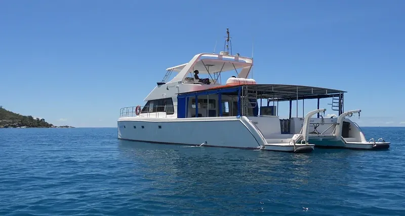 Catamaran blanc et bleu navigue sur une mer calme ensoleillée