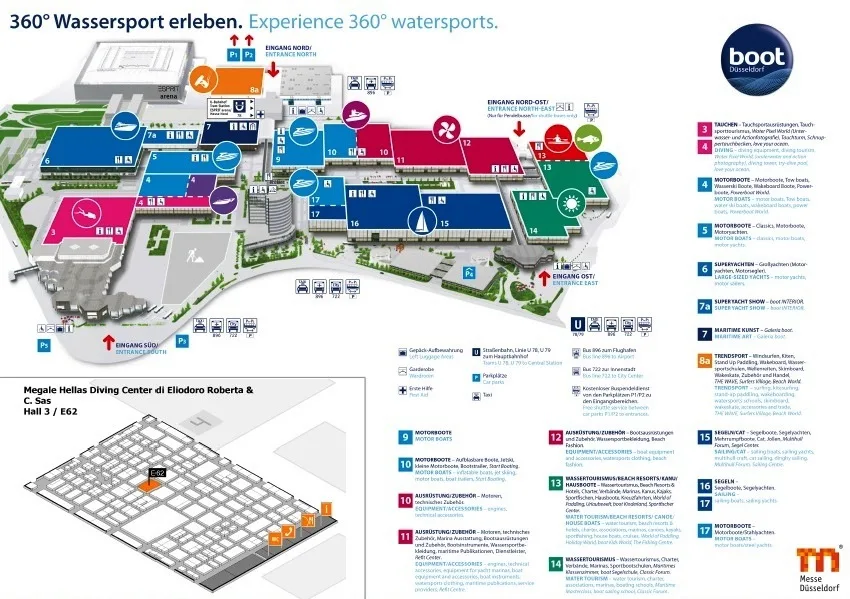 Plan d'exposition d'un salon nautique avec des bateaux et flèches