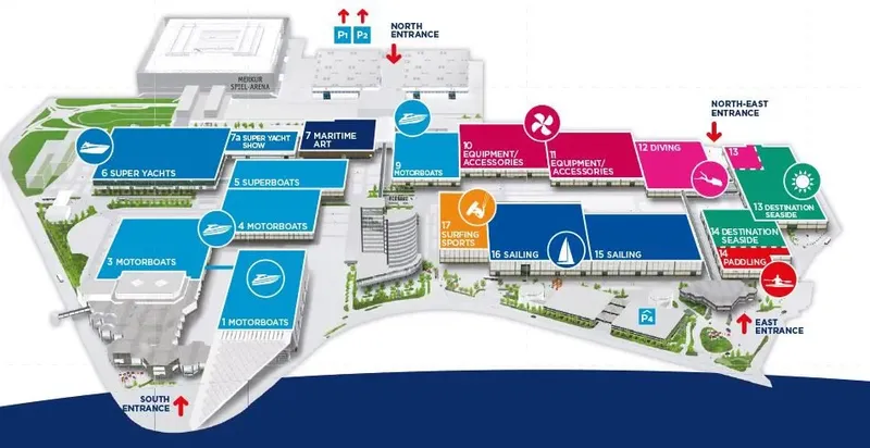 Plan d'un salon nautique avec des zones dédiées aux bateaux et sports
