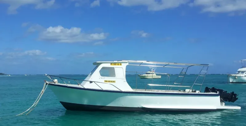 Bateau de plongée blanc sur mer turquoise sous un ciel bleu clair