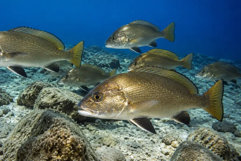 Banc de poissons gris et jaunes nageant au-dessus d'un fond rocheux