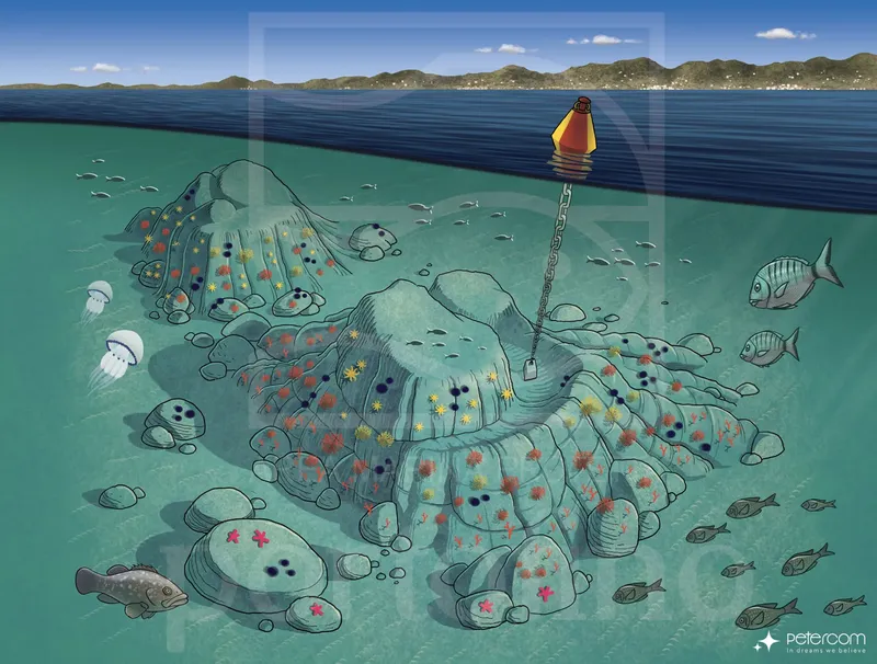 Illustration d'un récif rocheux coloré avec des poissons et une bouée