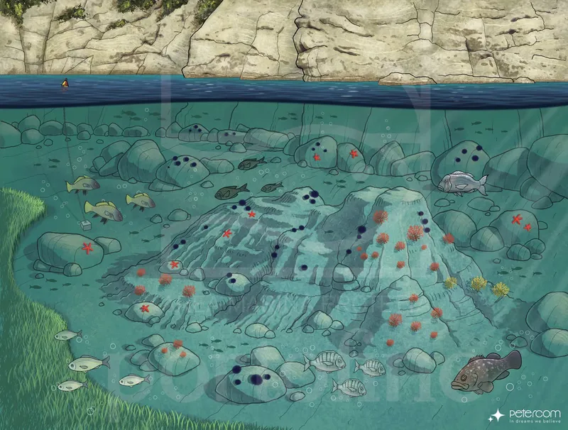 Illustration d'un fond marin rocheux avec poissons et coraux colorés