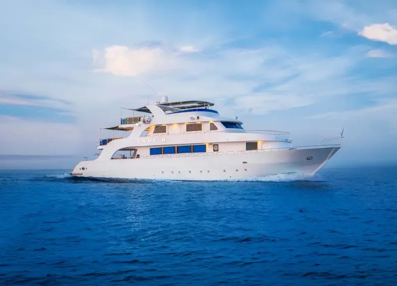 Grand bateau de croisière blanc navigue sur une mer bleue calme