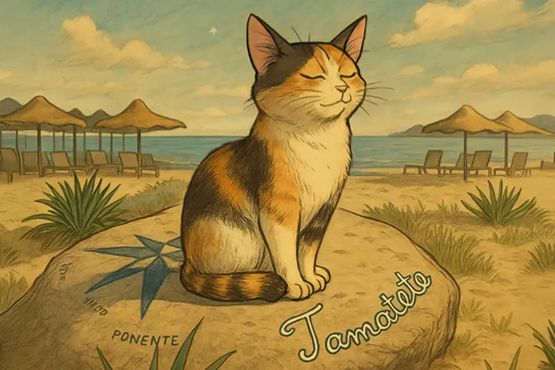 Illustration d'un chat tricolore assis sur un rocher au soleil