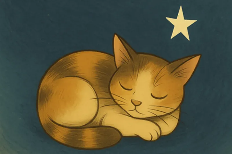 Chat roux endormi enroulé sur lui-même avec une étoile