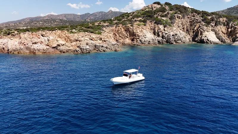 Bateau blanc naviguant sur une mer bleue devant une côte rocheuse