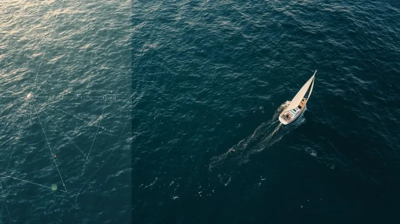 Voilier naviguant sur une mer calme, vue aérienne ensoleillée