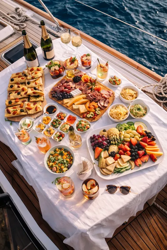 Table garnie de nourriture et de boissons sur un bateau en mer