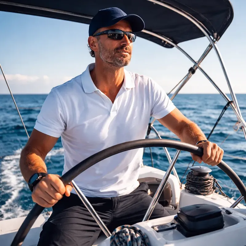 Homme naviguant, portant un polo blanc et des lunettes de soleil