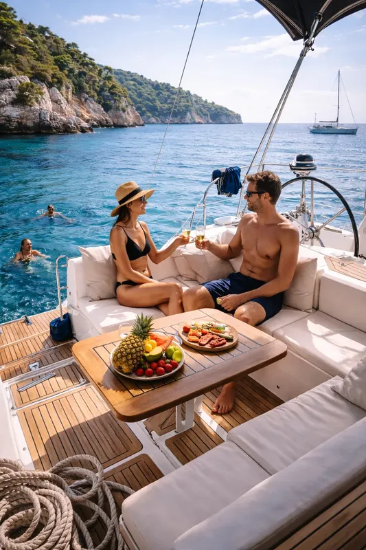 Couple trinquant sur un yacht en mer, fruits et paysage côtier
