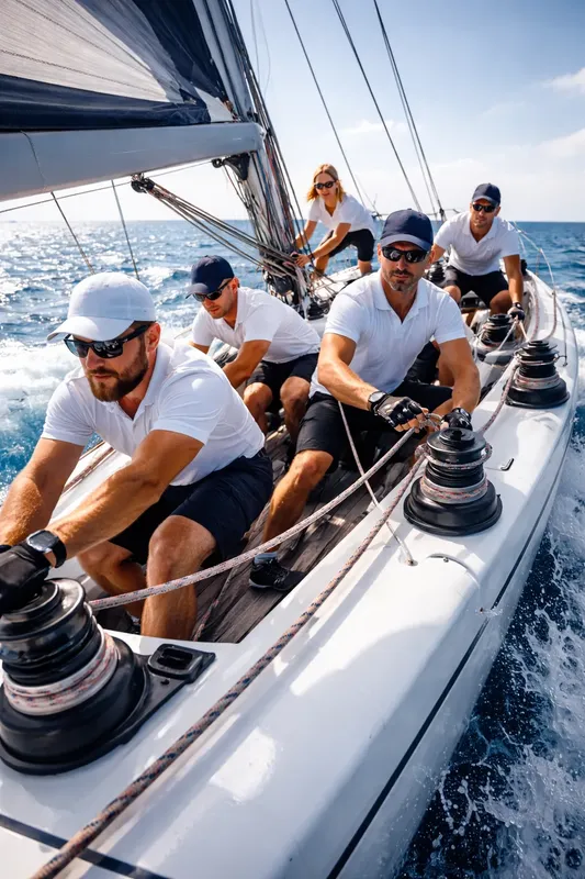 Equipage concentré manœuvre un voilier rapide sur une mer bleue