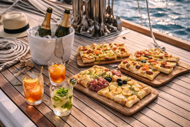 Tableau de pizzas et boissons sur le pont d'un bateau