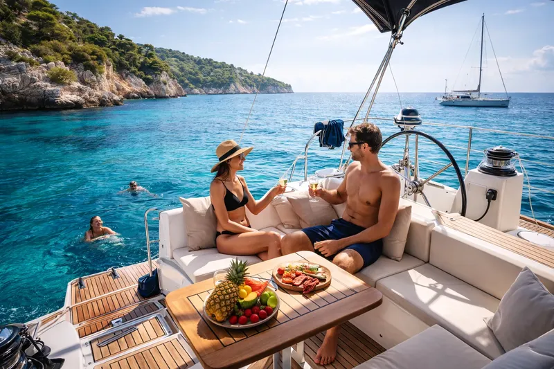 Couple se relaxant sur un bateau avec fruits et boissons