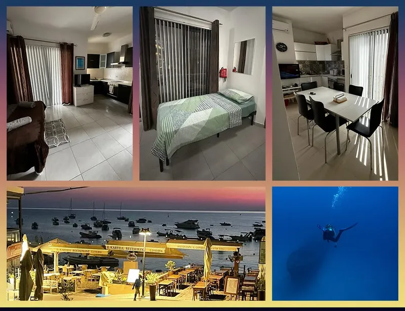 Collage de photos : chambres, restaurant, mer, plongeur sous l'eau