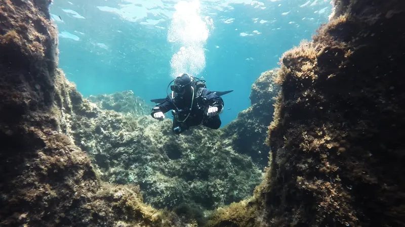 Plongeur explore une faille rocheuse sous-marine avec lumière naturelle