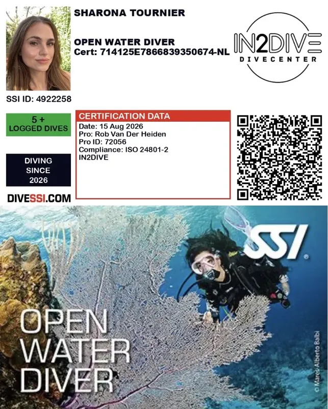 Certificat de plongeur Open Water avec photo et informations personnelles