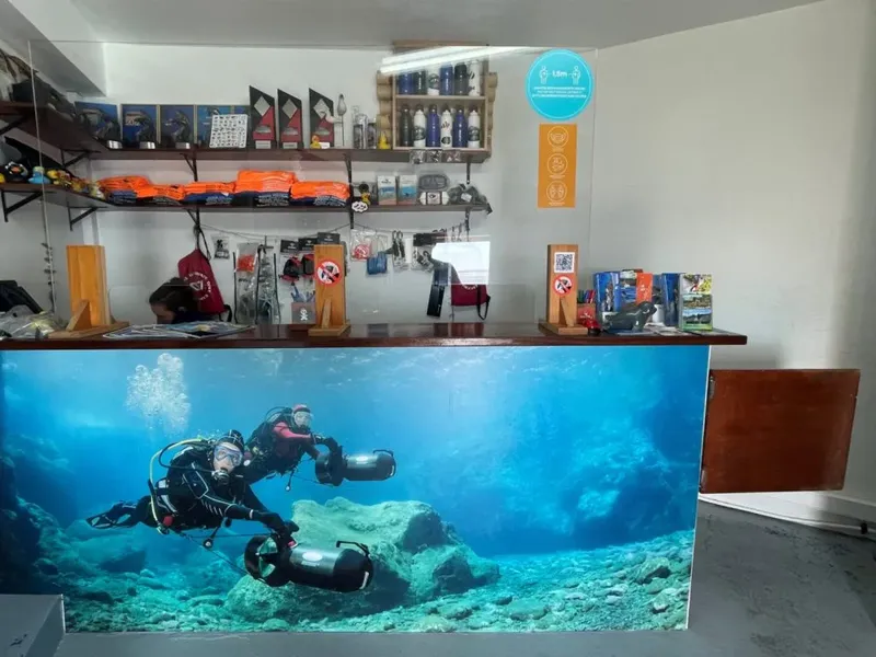 Comptoir d'accueil avec décoration sous-marine et équipement de plongée visible