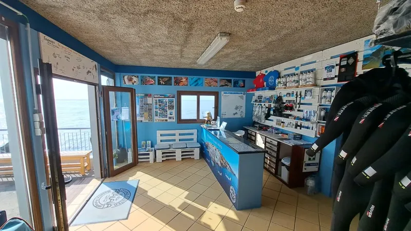 Interieur d'un centre de plongee avec comptoir, equipement et photos marines