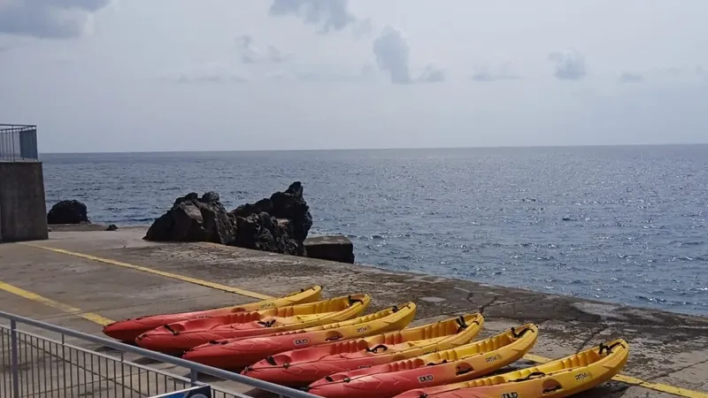 Kayaks alignés sur un quai rocheux face à la mer