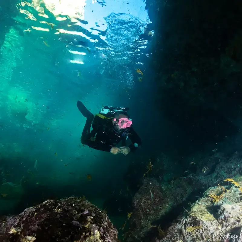 Plongeuse explorant une grotte sous-marine avec une lumière diffuse