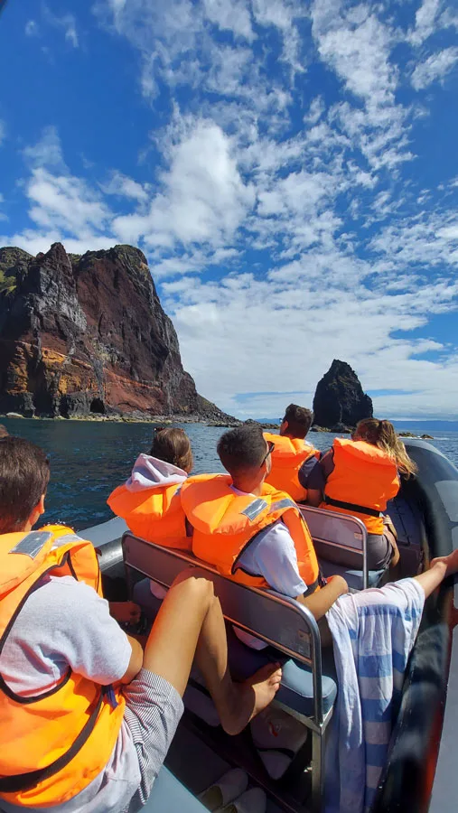 Passagers en gilets de sauvetage sur un bateau en mer face à la côte