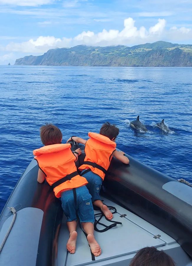 Deux enfants à bord d'un bateau regardent des dauphins sauter