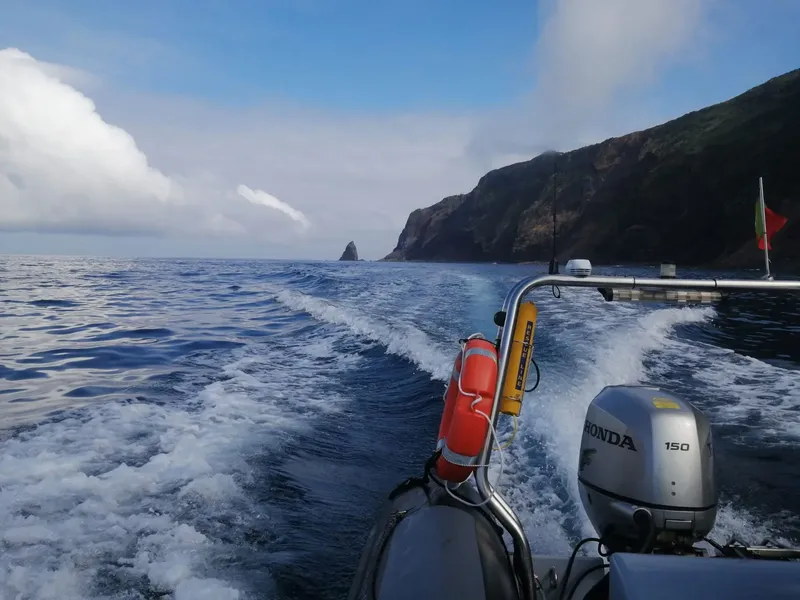 Bateau semi-rigide naviguant en mer vers une côte rocheuse et verte
