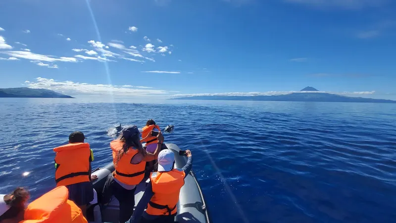 Personnes à bord d'un bateau pneumatique en direction d'une côte montagneuse