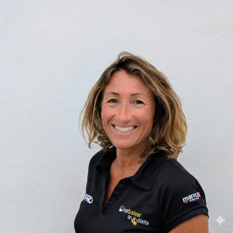 Femme souriante, cheveux mi-longs, portant un polo de centre de plongée
