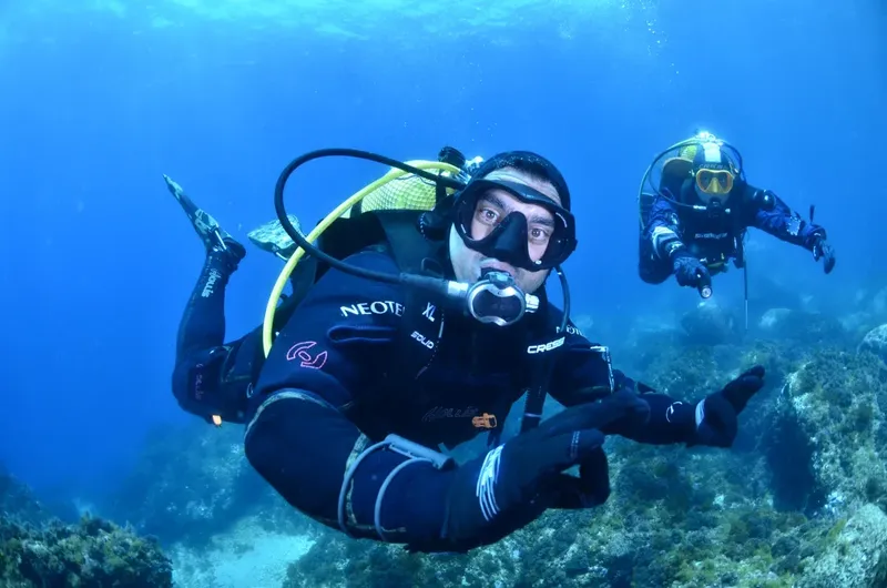 Deux plongeurs en combinaison explorent les fonds marins bleus