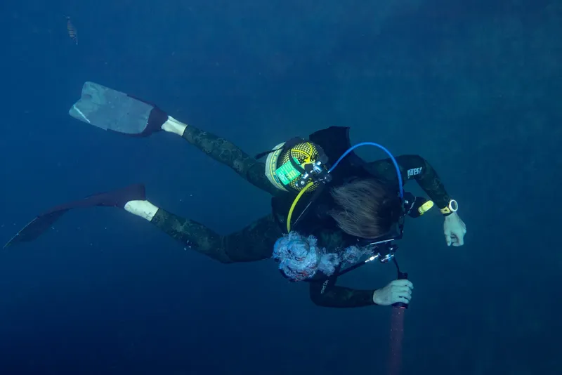 Plongeur en combinaison explore les profondeurs bleues de l'océan