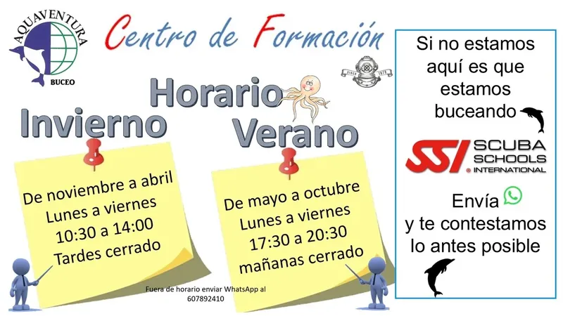 Affiche colorée présentant les horaires d'un centre de formation plongée
