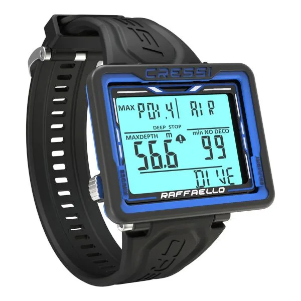 Ordinateur de plongée Cressi Raffaelo avec écran bleu et bracelet noir
