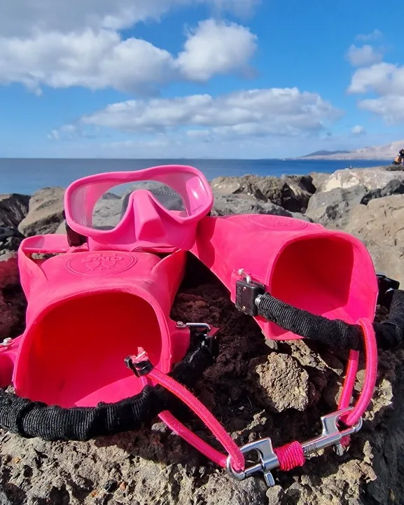 Masque et palmes roses sur des rochers face à la mer